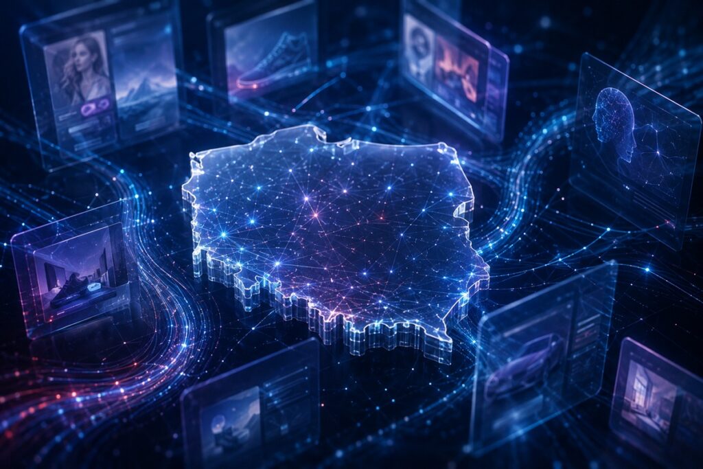 Symboliczna mapa Polski połączona z rozwijającą się technologią reklam AI